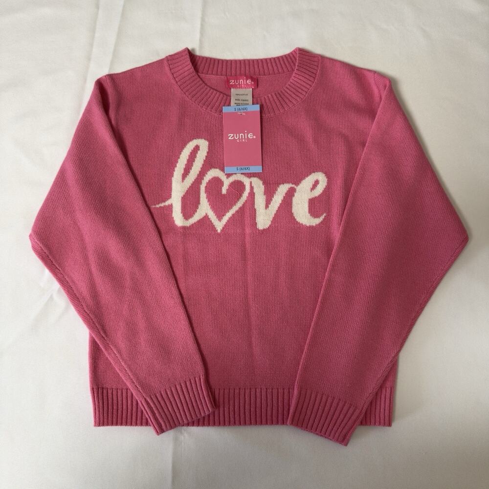 Zunie Girls Valentines Day Sweater Size Small (6/6X) Bright Pink "Love"